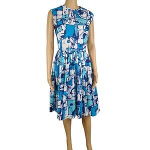 1960s Sears Blue White Wallpaper Graphic Fit Flare Pleated Midi Zip Dress Size S